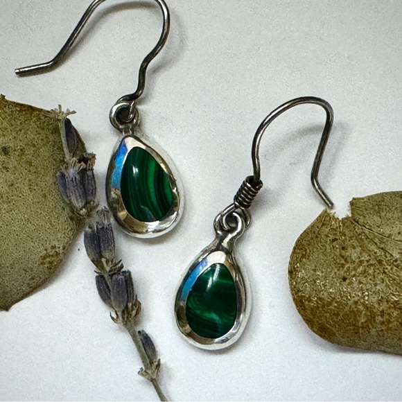 Sterling Silver Malachite Dangle Drop Earrings - Picture 3 of 9